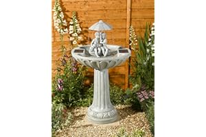 Garden Mile® Novelty Umbrella Boy and Girl Water Fountain - Solar Powered Freestanding Stone Bird Bath Water Feature - Garden Ornament Outdoor Decorative Centrepiece for Pond, Patio and Lawn Decor