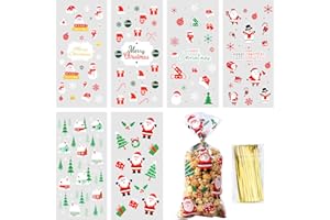 AOKITO 150 Pièces Sachet Plastique Transparent Noël, Biscuit et Bonbon Petit avec 180 Cravates Torsadées pour Emballage Chocolat Nourriture de Noël (6 Styles)