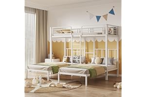 Moimhear Cama Triple, litera Triple con Escalera para niños y Adolescentes, Cama de Hierro con Puerta de Seguridad y Mesa (90x200cmx3, Blanco)