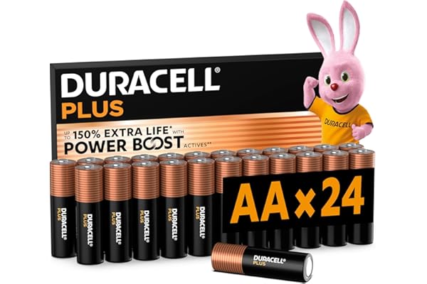DURACELL Plus Pilas AA (Paquete de 24) – Pilas alcalinas 1,5 V – Hasta un 150 % de duración extra con activos POWER BOOST–Fiabilidad para dispositivos cotidianos–Envase con 0 % de plástico–MN1500