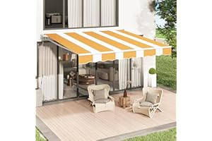 UNIONLINE Retractable Manual Awning, 4x3m DIY Folding Awning with Hand Crank Patio Garden Sun Shade Canopy Gazebo, Anti-UV and Waterproof for Courtyard, Balcony, Restaurant(Yellow-White)