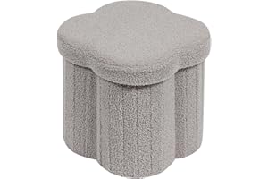 Bonlife Grey Ottoman Storage Box,Folding Storage Seat Box,Small Footstool For Living Room,Kid's Toy Chest Box,Teddy Flower Shape,32x32x32cm