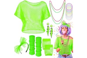 Shepinsky 80s Fancy Dress for Women,1980s Fancy Party Costumes Accessories Set,80s Outfits Neon Mesh T-Shirt,Leg Warmers Fishnet Gloves Headband Earrings Bracelets Necklaces for Retro Party Dress up