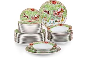 VEWEET, Vajilla de Navidad de 36 Piezas para 12 Personas en Porcelana con Platos Llanos, Platos de Postre y Platos Hondos, con Motivos Navideños de Reno, Acebo y Papá Noel en Color Verde, Serie XMAS