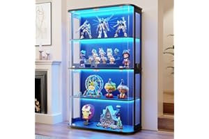 BROTTAR 67" Large Rounded Display Cabinets with Glass Door, Curio Storage Cabinet with 3 Color Lights, Display Case with Transparent Full-Display Surface&Human Body Sensor for Collectibles, Black