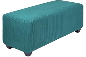 PiccoCasa High Stretch Ottoman Cover with Elastic Bottom, Soft Slipcover Jacquard Fabric Small Checks Rectangle Storage Stool Cover Furniture Covers Peacock Blue Small