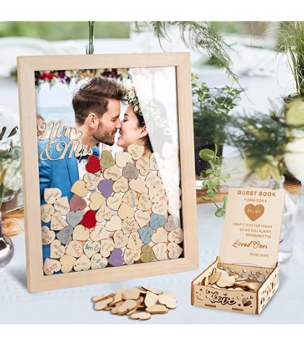 Cadre Photo Livre D'Or Mariage Avec 42 Cœurs En Bois - Décoration Murale Personnalisable 38x28cm - Cadeau Original