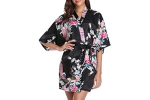 Vlazom Women Kimono Robes Satin Dressing Gown Peacock and Blossoms Sleep Lounge Nightwear Short Silk Bride Bridesmaid Robe