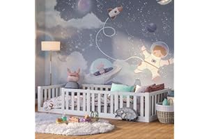 ‎BELLABINO Bellabino Tapi Bett 90x200 cm, Kinderbett mit Rausfallschutz, inklusive Lattenrost, Montessori Bodenbett für Jungen und Mädchen aus Kiefer Massivholz, weiß lackiert, Bed