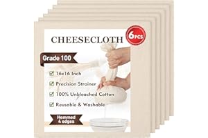 TOPULORS 6 PCS Cheesecloth, Precut 41x41cm, Hemmed 4 Edges, Grade 100 Ultra Fine 100% Unbleached Cotton - Reusable Cheese Making, Cooking, Straining Cloths for Nut Milk, Yogurt, Juicing, Filter, Etc
