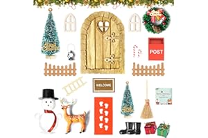 Etopgo Wichteltür Zubehör Weihnachten,25PCS Wichteltür Set,Weihnachtsdeko Elfentür Holz Wichtel Tür,mit Miniatur Briefkästen, Zäun,Leiter,Stiefel,Kranz,Schneemann,Feentür Set für Kinder Geschenke