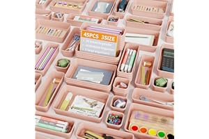 Giklux 45 Piezas Organizador Cajones Baño 3 Tamaños, Caja Organizadora Separadores de Plastico para Baño, Maquillaje, Cocina, Oficina, Escritorio, Cajitas Cajas Gavetas Organizadoras Cajones, Rosa