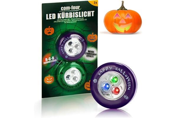 com-four® 2 LED Halloween pumpalampor | Färgväxling, stroboskopeffekt för urholkade och utskurna pumpor, blinkande belysning