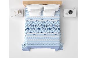 HomeLife Copriletto Singolo Estivo Cotone Piquet, 100% Made In Italy - Fresca Coperta Letto Singolo Estiva, Leggera e Traspirante per l'Estate con Fantasia Pesciolini, Blu - 170x280