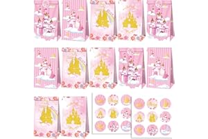 BIKASUN Lot de 12 sacs en papier pour fête au motif de princesse, pour bonbons, cadeaux d'anniversaire, de mariage, pour anniversaire d'enfant, motif château de princesse rose