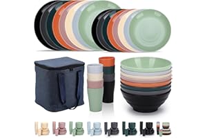 Evanda Plastic Dinnerware Sets 32 Piece Service for 8 with a Portable Oragnizer Bag, Reusable Plates and Bowls Sets include Cups, Bowls, Dishes for Home, Camping, Picnic, Outdoor (Mutil Color)