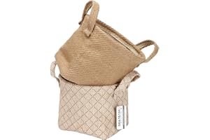Sea Team Storage Paniers Organizer Box Bins in Jute and Cotton Linen Pliable with Handle Decorative for Home Toiletry Stationery Sundries Toys Jewerly Color Beige 14 * 17 * 16CM 2PCS