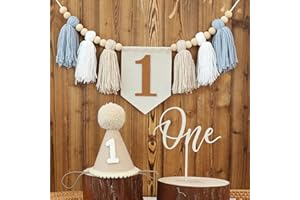 DANDUOLAI 1st Birthday Highchair Banner Decorations For First Boys Khaki Cone Hat With One Cake Topper Photo Backdrop (Khaki)