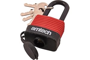 Amtech T0760 40mm Long Shackle Weatherproof Padlock, Outdoor Padlock, 4 Keys, Wide Range of Security Applications Black & Red