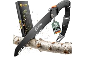KIYANO® Premium Klappsäge Outdoor/Astsäge mit Safety Lock [INKL. Taktischer-Karabiner] (210mm) Handsäge Holz aus SK5 Karbonstahl, für Bushcraft, Survival, Garten