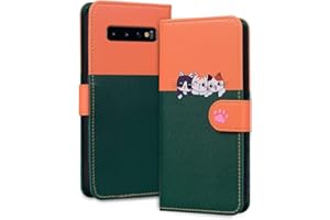 Rnrieyta Miagon per Samsung Galaxy S10 Plus Cover,Custodia Cartone Cane Gatto Carino Portafoglio a Libro in PU Pelle Giuntato Flip Cover con Porta Carte Chiusura Magnetica Case,Verde