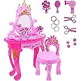 Princess Vanity Dressing Table & Stool Toy Kids Girls Role Pretend Play with Accessories - Mirror, Hair Dryer, Plastic Scissors, Hair Brush, Bracelets and More
