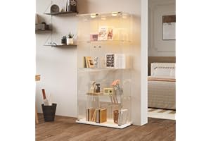 JiaOyu Vetrina in vetro antipolvere con illuminazione a LED, vetrina con serratura, vetrina in vetro per collezioni, soggiorno, camera da letto, ufficio (bianco+LED+2 porte, 4 livelli)