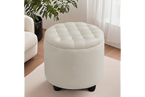 HELLOVE Hocker mit Stauraum aus Leinen, Runder Sitzhocker mit Abnehmbarem Deckel, ideal als Beige Hocker Schminktisch, Fußhocker, Schminkhocker, Pouf Hocker für Schlafzimmer Schminktisch und WohnzimmerRunder