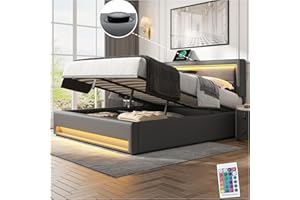 Racxily Letto matrimoniale con contenitore 160 x 200 cm,con porta USB 、 ricarica wireless e illuminazione a LED,Letto imbottito,PU,Grigio