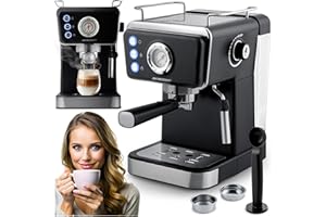 ‎BERDSEN Berdsen Ekspres do Kawy - Kolbowy 1,5 l 20 bar - Spieniacz do Mleka 2 Filtry - Cool Espresso - Ciśnieniomierz - Czarny