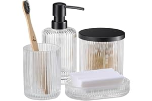 Navaris Set de baño de Cristal - Set baño Accesorios con 1x dispensador 1x Vaso 1x jabonera y 1x algodonero - Vidrio Transparente y Negro metálico