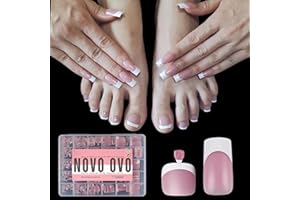 NOVO OVO Zestaw do dociskania końcówek do rąk i palców z francuskimi końcówkami, kwadratowe, miękkie, żelowe, kwadratowe, okrągłe paznokcie, wstępnie nałożony podkład i lakier bazowy, pełne pokrycie