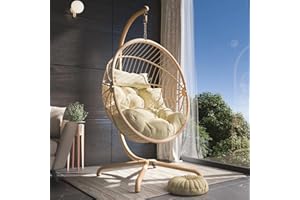Blisswood Rattan Swing Egg Chair Garden Patio Indoor Outdoor Hanging Egg Chair With Cushion & Stand Indoor & Outdoor Egg Chair Upto 150kg Weight Capacity (Beige)