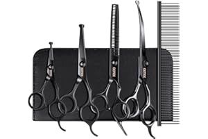 Dog Grooming Scissors Kit with Safety Round Tips, GEMEK Professional 6 in 1 for Dogs, Heavy Duty Titanium Coated Pet Scissor Cats and Other Animals (Black) (GD0051)