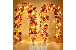 OEMG 2 st höstgirlang med ljus, konstgjord lönnlöv 1,8 m + 2 LED-sträng falska löv vinrankor för hem utomhus halloween Thanksgiving bröllop juldekor (AML29)