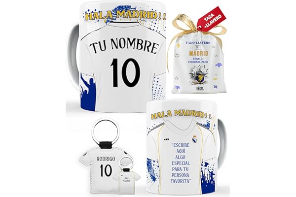 Taza del Madrid personalizada con nombre y número más llavero camiseta personalizada del Madrid, regalos del madrdid personalizados, taza de cerámica de café del Madrid 325 ml