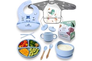 tinyfluffy Vajilla Bebe - Cubiertos Bebe, Vajilla Bebe Silicona, Plato Bebe, Baberos Bebe Impermeable, precucharas bebe blw, Plato Bebe Ventosa, Cubiertos Infantiles, Babero Bebe Silicona (azul)