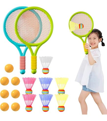 Racchette Da Tennis Per Bambini - 2 Racchette In Plastica, 4 Palline Schiuma E 6 Volani, Per Giocare All'Aperto (3+ Anni) - Foto 3
