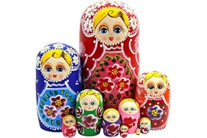 BOERNI Set of 10 Multicolored Girl Wooden Nesting Doll,Cute Blonde Girl Flower Hand Painted Traditional Russian Matryoshka Doll Stacking Toy Set Ornament for Kid Birthday Gift Christmas Party Home Decoration
