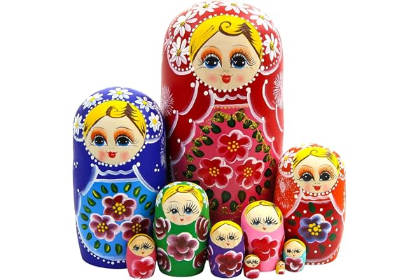 Lot de 10 poupées gigognes en Bois Multicolores pour Fille, poupée Russe Matriochka Peinte à la Main avec Fleur Blonde, Jouet empilable pour Enfant, Anniversaire, fête de Noël, décoration d'intérieur