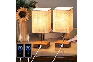 Lightess 2 sztuki nowoczesne ściemniane dotykowe lampy stołowe USB z drewnianą podstawą Retro klosz tkaniny z żarówką E14 ciepła biel do salonu sypialni stołu, beżowy