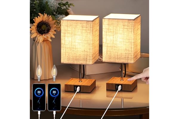 Lightess 2pcs Lampe de Chevet Bois Lampe de Chevet Tactile 3 Intensité USB Avec Ampoule E14 Abat-jour En Tissu Lampes De Table pour Chambre Bar Salon Hotêl Café Enfant Salon Bureau (Blanc Chaud) Carré