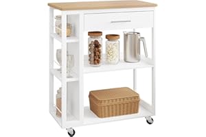 WOLTU Carrello con Ruote, Isola da Cucina, Carrello Portaoggetti con Piano di Lavoro Cassetto Ripiani Aperti, Contenitore per Sala da Pranzo/Bagno/Cucina, 73x38x88 cm, Effetto Bambù + Bianco, RW051eiw