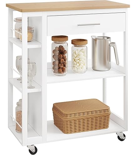 Carrello Portafrutta In Legno - Con Cassetto E 4 Cestelli, Ruote, Design Salvaspazio, Naturale - Foto 8