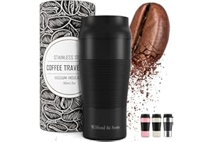 WILFORD & SONS Mug Isotherme Transportable en Acier Inoxydable – 360 ml | Tasse à Café Inox Double-Paroi isolée sous-vide, sans BPA, étanche, lavable au lave-vaisselle | Thermos de voyage réutilisable Thé