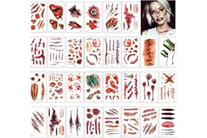 KADERAS Halloween Scars Tattoos, Zombie Makeup Kit 30 Sheets, Wound Vampire Bite Fake Scab Blood for Adults Kids Halloween Party Cosplay Costume Decorations