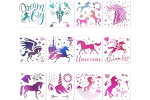 JSRQT 12 Pieces Unicorn DIY Stencil Templates, Reusable Painting Template Design Stencil, Pattern Template Bullet Stencil Small Girl, Journal Drawing Stencils for Kids, Wall Art Decor Crafts