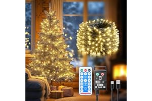 Guijiyi Luci Albero di Natale, 10M 100 LED Luci Natalizie da Esterno ed Interno a Batteria Ricaricabile, 8 Modalità con Funzione Memoria e Telecomando Catena Luminosa per Giardino Balcone Casa Festa