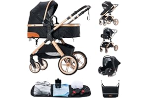 ALYIKOU Poussette 3 en 1, système de voyage, poussette bébé, poussette pliable, Poignée réglable (Noir XX1)