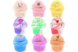 PETYUIOYU Cloud Slime Kit, 9 Pack with Peach Watermelon Pineapple Cake Slime Charms, DIY Slime Supplies for Girls and Boys, Stress Relief Toy for Kids' Education, Party Favour, Gift and Birthday